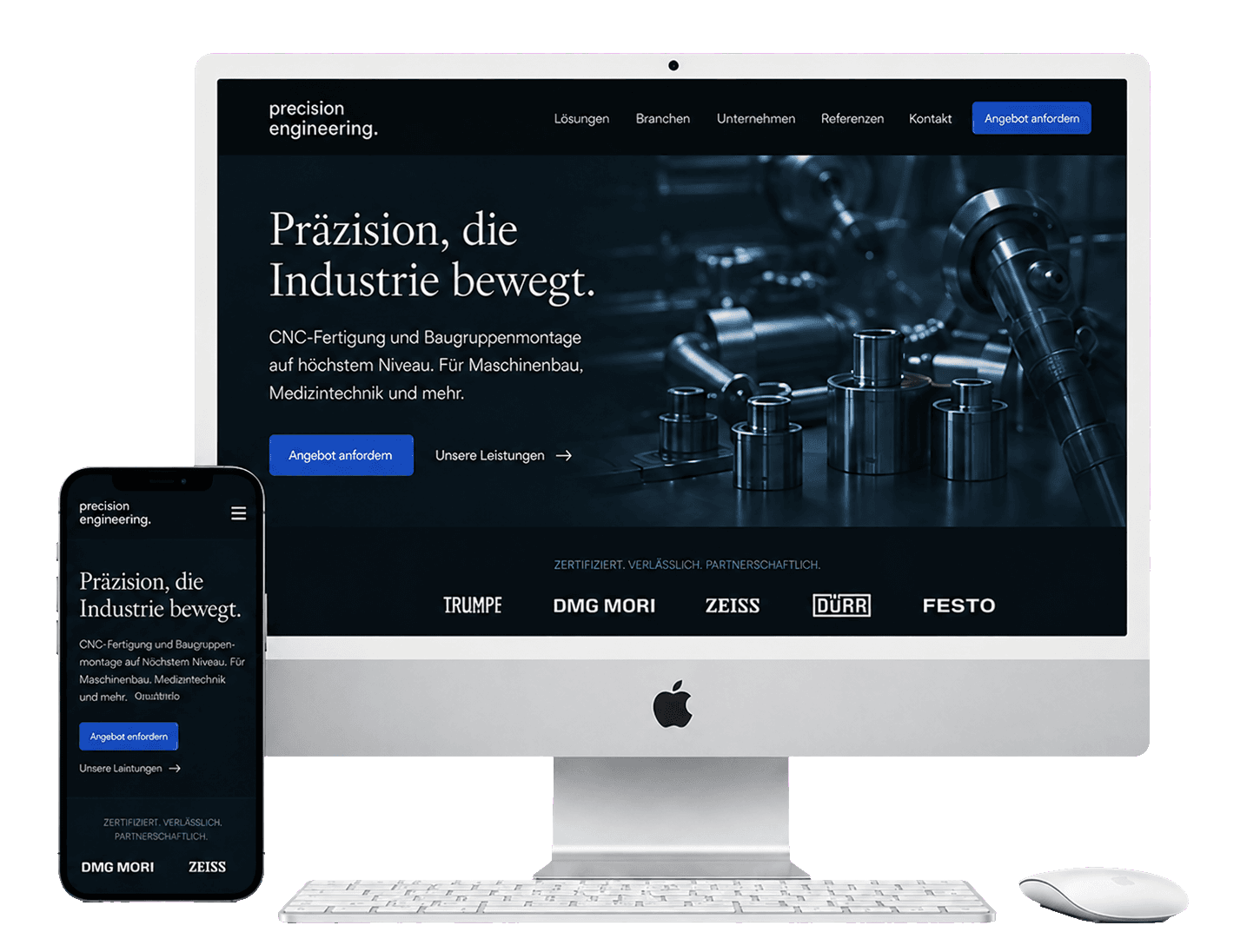 Silberner Desktop-Computer und Smartphone mit einer optimierten Industrie-Website